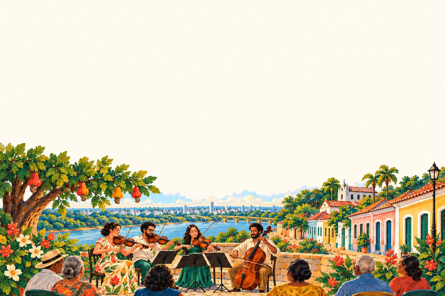 Ilustração da identidade visual: quarteto de cordas tocando para pessoas idosas, com o rio, a ponte e o casario de Cuiabá ao fundo